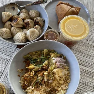 Momos, Samosa, chicken rice bowl