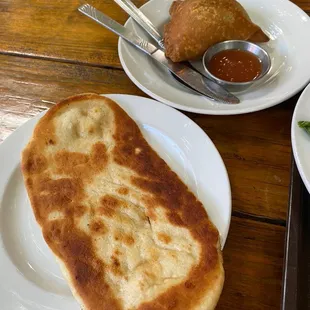 Vegan nan and vegan samosa with sweet dipping sauce
