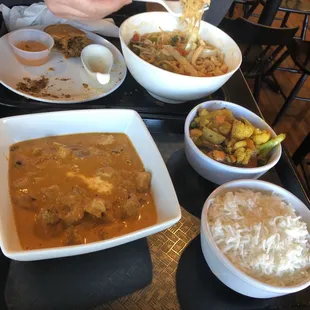 Chicken Tikka Masala, chicken Spicy Ramen, samosas