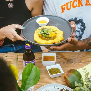 Curry Channa Doubles w/ Cucumber Slaw