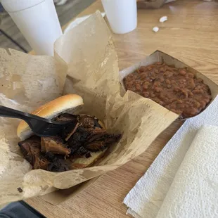 Brisket sandwich with BBQ beans
