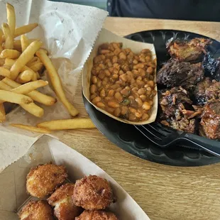 Burnt ends, beans and hush puppies