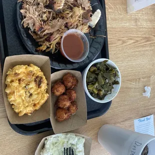 Smoked pulled pork collards hush puppies Mac and cheese potato salad