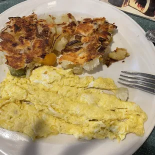 Two scrambled eggs and home fries