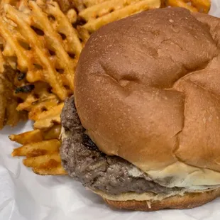 Burger with waffle fries