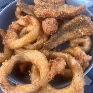 Fried perch dinner with onion rings