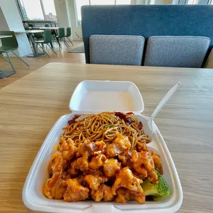 a plate of chicken and noodles