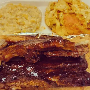 Rib Plate, cream corn, mac &amp; cheese