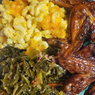 Mac &amp; Chees, Country Fried Southern Collard Greens, and Smoked Chicken Wings.