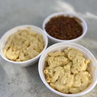 three bowls of macaroni and cheese
