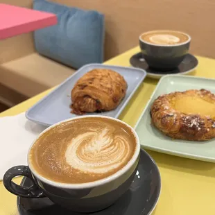 Ham and Cheese and seasonal pear pastries along with two hemp lattes