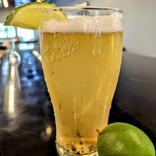 Light crisp Mexican style lager called El Takeanother, served with a lime.