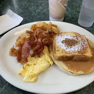 Bacon, French toast, 1 Egg Any Style, pancake, Home Fries