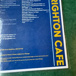 the menu for the brighton cafe