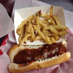 A chili onion dog, with fries left over when I decided to snap pic.