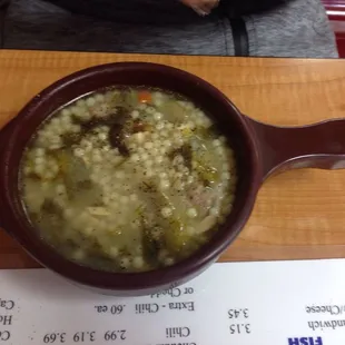 Wedding soup. Searingly hot and great!