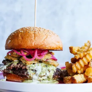 a plate of fries and a hamburger