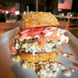 a close up of a hamburger