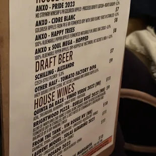 Drink menu