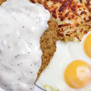 - Gravy instant -Country fried steak process by machine not and Breaded  -Hashbrowns burned outside raw middle  -Eggs cook with heat lamp