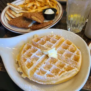 Traditional Waffle and Fish with Fries served with Aioli and Pita Bread