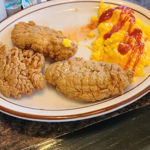 Chicken Tenders with scrambled Cheddar Eggs