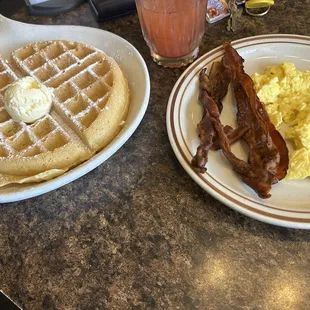 Plain Belgian Waffle, Scrambled Eggs, and Bacon