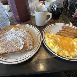 French toast platter with scrambled eggs with cheese and Turkey sausage