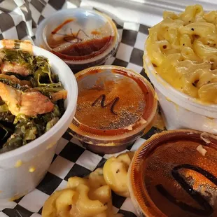 Collard greens, mac &amp; cheese with assorted sauces (5/16/23)