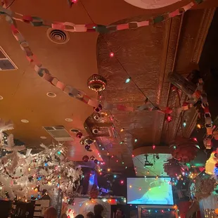 a bar decorated for christmas