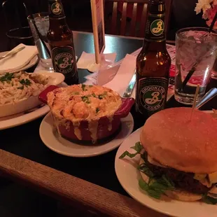 Left to right: tofu shepard's pie, shells and cheese, veggie burger and chips. Taste great!