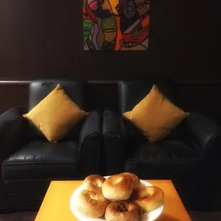 Enjoy a relaxing breakfast before work in Brim Cafe's lounge area.