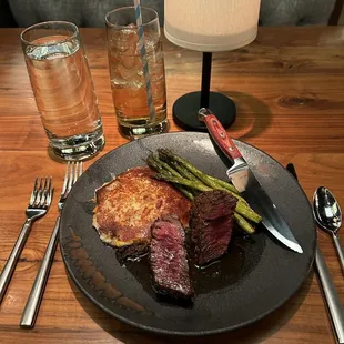 28-DAY FILET MIGNON $60 bourbon brown sugar glazed | loaded smashed potato cake | lemon asparagus