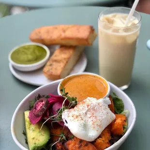 Front: Brunch Bowl  Back left: focaccia and pesto