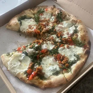 Veggie pizza no mushrooms add sausage.