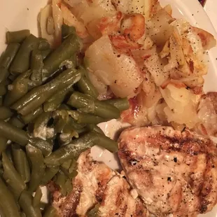 Grilled chicken, home fries and green beans. About $10. Comes w salad and rolls.
