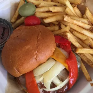a hamburger and fries