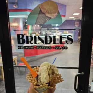 2 scoops ( banana pudding &amp; cookies &amp; cream) in a waffle cone bowl
