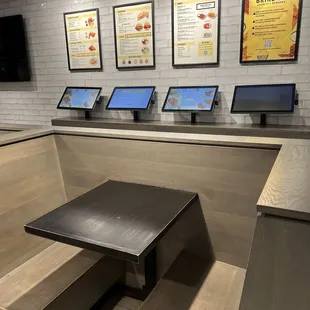 a table and benches in a restaurant