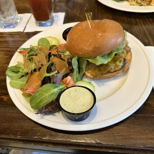 Brink Burger with everything and a salad. Plus a delicious Bloody Mary.