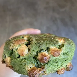 Matcha scone. This tastes much better warmed up. Love the strong matcha flavor balanced with the creamy chunks of white chocolate.