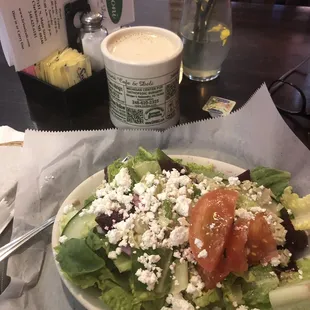 Delicious 1/2 size Greek Salad with a latte