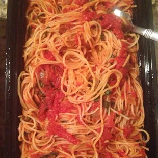 Yummy capellini pomodoro ;) huge, I ate from that box all week it was so huge....