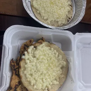 Chicken arepa and cheese arepa