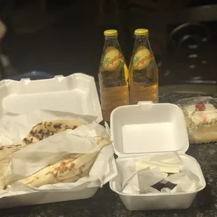 a bottle of beer and a tortilla