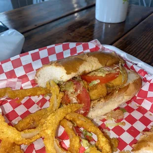 Shrimp poboy with onion rings