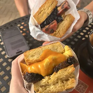 Brisket, egg, and cheddar and blueberry sausage and jelly.