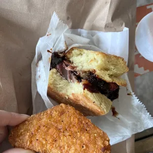 Brisket and jam biscuit, plus hashbrown