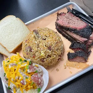 Loaded potato salad, brisket and BBQ Fried Rice