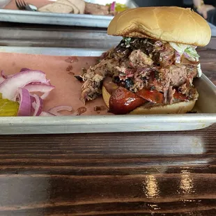 3 meats, chopped brisket, pulled pork, jalapeño sausage.
